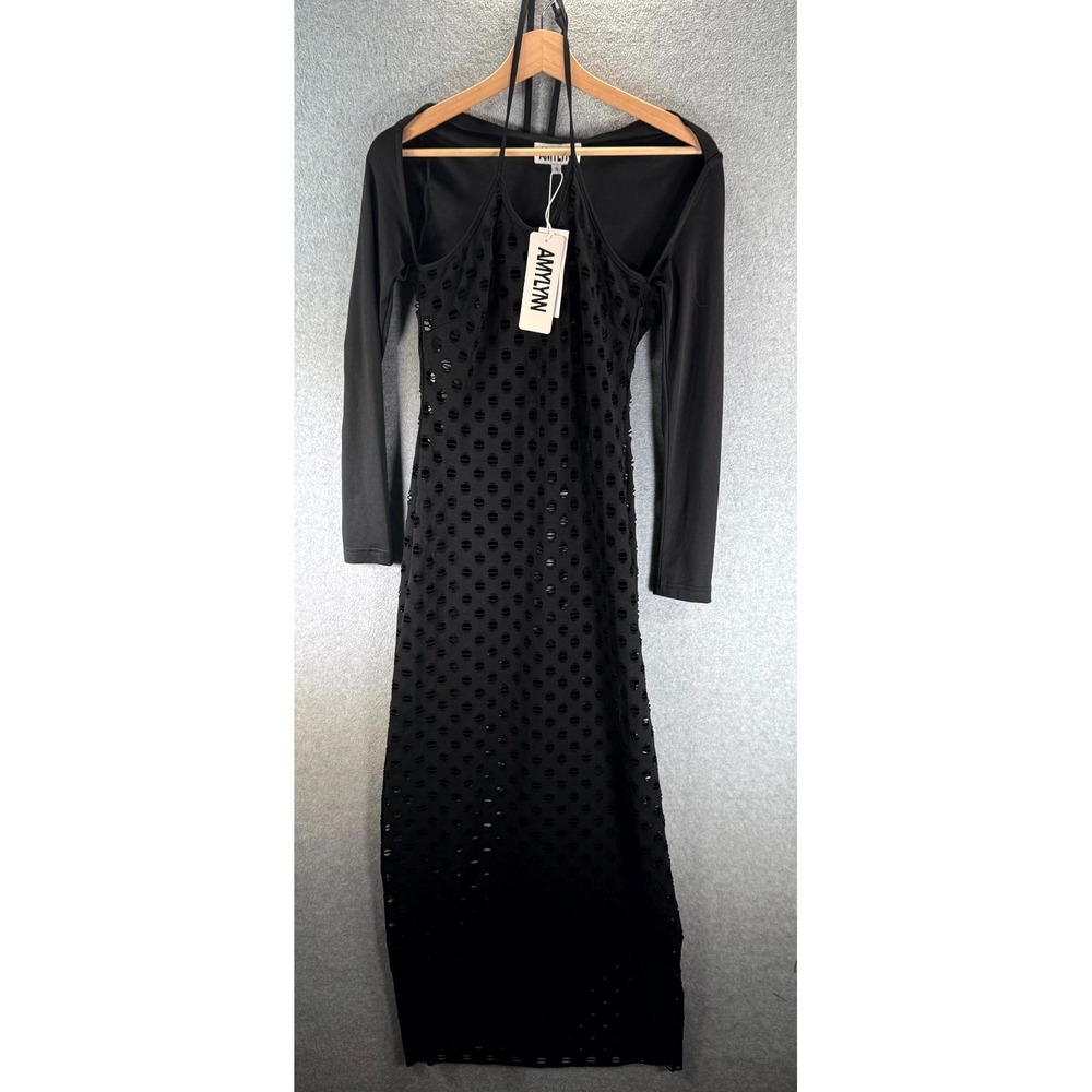 Amylynn Simone Flattering Maxi Dress Women Small‎ Black Knit Cutout Halter Neck